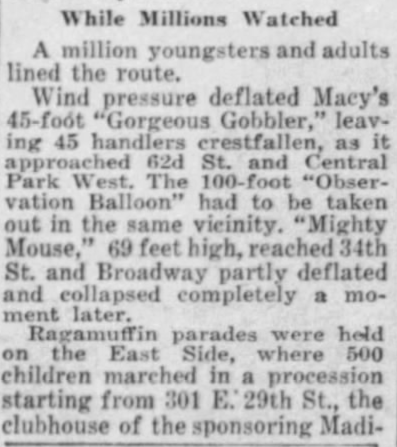 BoweryBoys's tweet photo. In 1956 the #MacysDayParade was a catastrophe as bad winds took out several balloons, incl. Mighty Mouse and the 'Gorgeous Gobbler'. Meanwhile, across town, according to @NYDailyNews, a version of the Ragamuffin Parade was still in the city streets: #MacysThanksgivingDayParade https://t.co/I4d5OONLTA