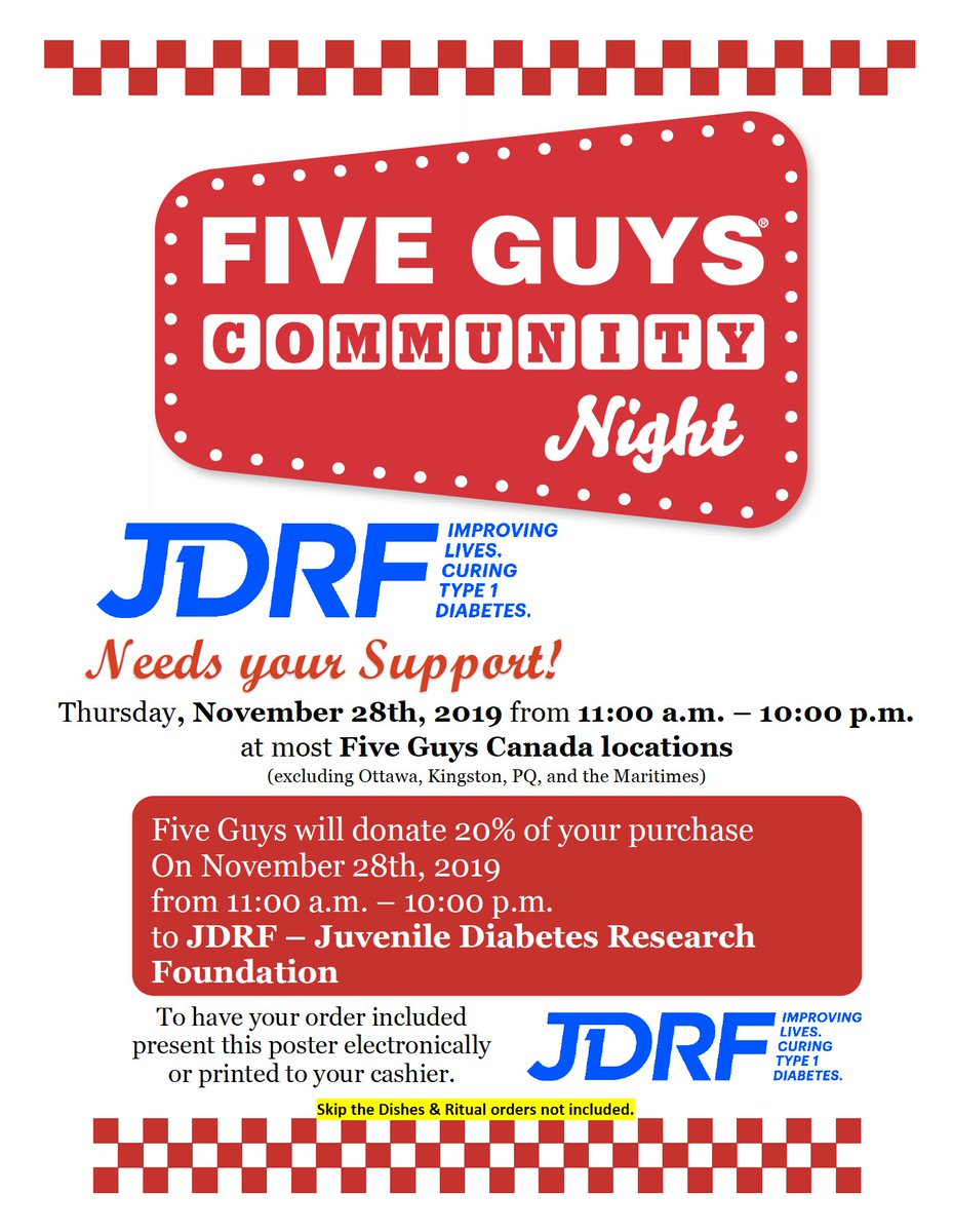JDRFCentralAB's tweet photo. What started as a local Walk fundraiser with @FiveGuys for the T1D community many years ago, has grown into a national community fundraising event! Show this post at participating Five Guys and @BlazePizza locations across Canada and 20% of your purchase will be donated to JDRF! https://t.co/A6rXUjBMj8