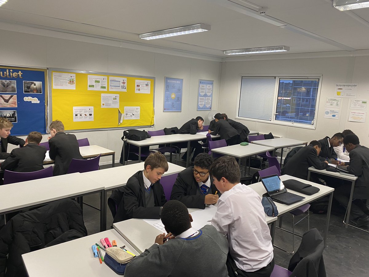 FulhamBoys_JJ's tweet photo. Year 9 Maths revision session today for the end of term test next week, fair to say it was organised chaos but the boys enjoyed every minute @FulhamBoys #RevisionRelay https://t.co/pBfLXGpwQM