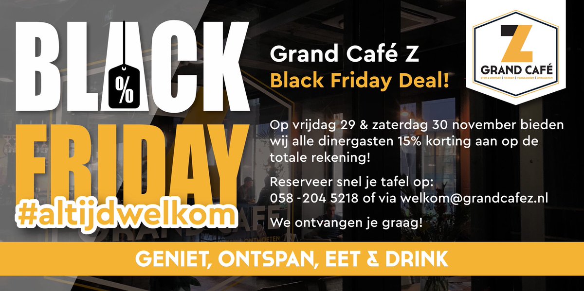 Wij kunnen uiteraard niet achterblijven! Eerst lekker dineren met 15% korting bij Z en daarna de stad in en je verwonderen tijdens het #lunafestival? Lijkt ons een topavond. Reserveer snel je tafel op 058-204 5218 of via welkom@grandcafez.nl! #altijdwelkom #058 #blackfriday