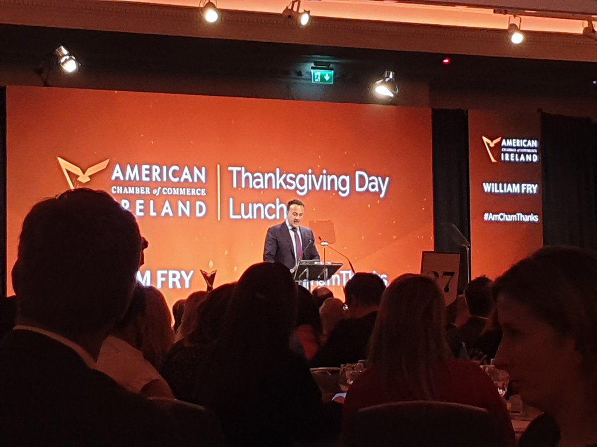 stephand90's tweet photo. Full house of @AmericanChamber members for annual Thanksgiving Day Lunch. Great to hear @LeoVaradkar speak about progress being made across a host of priority policy areas for FDI. Always an honour to hear Mary Robinson #AmChamThanks https://t.co/SBURkhLemM