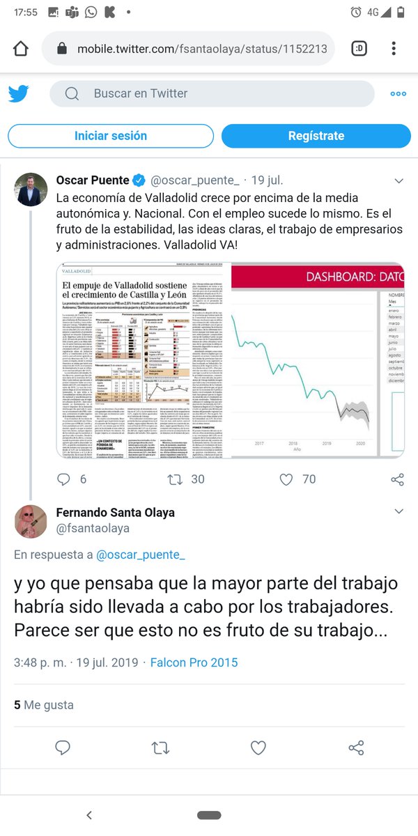 fsantaolaya's tweet photo. Acabo de encontrar la única interacción directa con el alcalde de Valladolid por la que me bloqueó. Un simple comentario socarrón, él que es bastante incendiario en sus comentarios/críticas. Puño de hierro y mandíbula de cristal... https://t.co/1QB1tx6jib