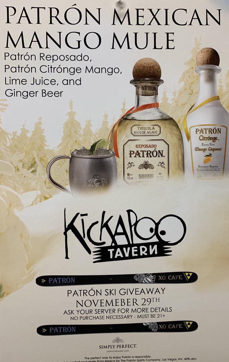 KickapooKeyston's tweet image. Stop in the Kickapoo Tavern Friday the 29th from 3-5 for a chance to win a pair of Fischer skis from Patrón! No purchase necessary- Must be 21+ to win! See you then!