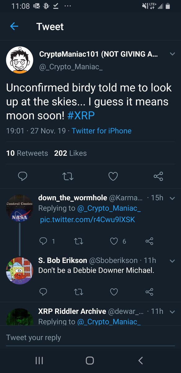 17/ @_Crypto_Maniac_ posted last night about his "little birdy" insider sending a message to him about looking up at the skies. Glass half full people will see this as a signal to watch for moon or a rocket, but this could also be to see storm clouds gathering overhead.