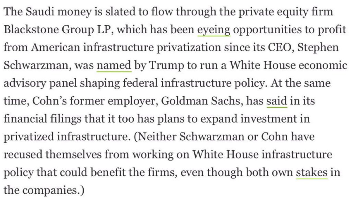 3. Salivating over his hedge fund’s potential profit overseeing Saudi investment in US infrastructure  https://www.ibtimes.com/political-capital/if-pence-shapes-trumps-infrastructure-plan-who-would-profit-who-would-pay-25685864. Profiteering on Long Term Care  https://www.jacobinmag.com/2019/10/long-term-care-crisis-seniors-medicare-aging5. Banking on destruction of the Amazon  https://theintercept.com/2019/08/27/amazon-rainforest-fire-blackstone/ 2/