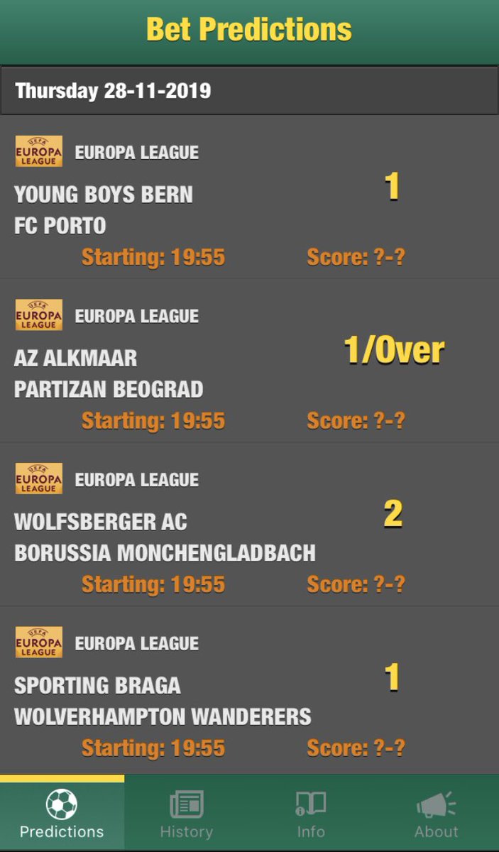 BetPredictorApp's tweet photo. #europaleague today. Too many #tips.  Download our #app for #free now. #betting #tips #football #soccer #bettingtips #predictions #betpredictor #iOS #android #sports  #googleplay #appstore #eul https://t.co/r6cYPzy5oR