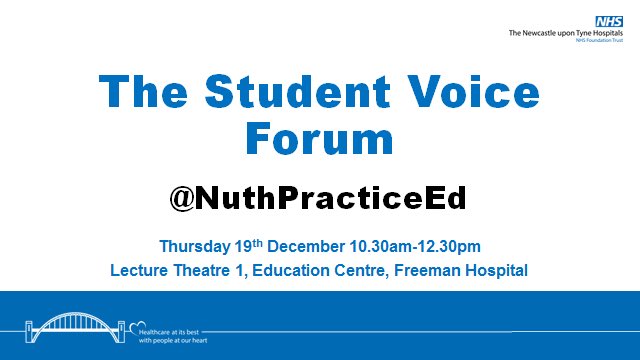 NuthPracticeEd's tweet photo. Calling all students on placement @NewcastleHosps! We are delighted to confirm our next Student Voice Forum. This is a brilliant opportunity to share your views and ideas to enhance your placement experience hear with us. Remember your voice matters and we want to hear from you! https://t.co/yhJRkCpCjn