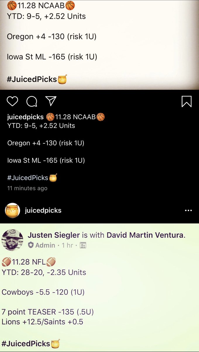 Juiced_Sports's tweet photo. 🏀11.28 NCAAB🏀
YTD: 9-5, +2.52 Units

Oregon +4 -130 (risk 1U)

Iowa St ML -165 (risk 1U)

🏈11.28 NFL🏈
YTD: 28-20, -2.35 Units 

Cowboys -5.5 -120 (1U)

7 point TEASER -135 (.5U)
Lions +12.5/Saints +0.5 

#JuicedPicks🍯 https://t.co/ySzTKYEUth