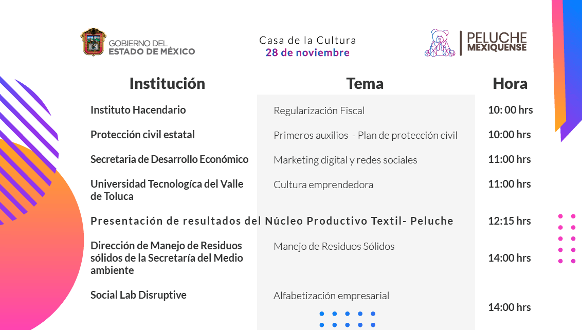 S_LabDisruptive's tweet photo. 🧸 Comenzamos el programa “IMPULSO AL NÚCLEO PRODUCTIVO SECTOR TEXTIL-PELUCHE” en donde tendremos conferencias con temas de gran importancia.

Te compartimos el programa del día 👇 https://t.co/YRFoisf88K