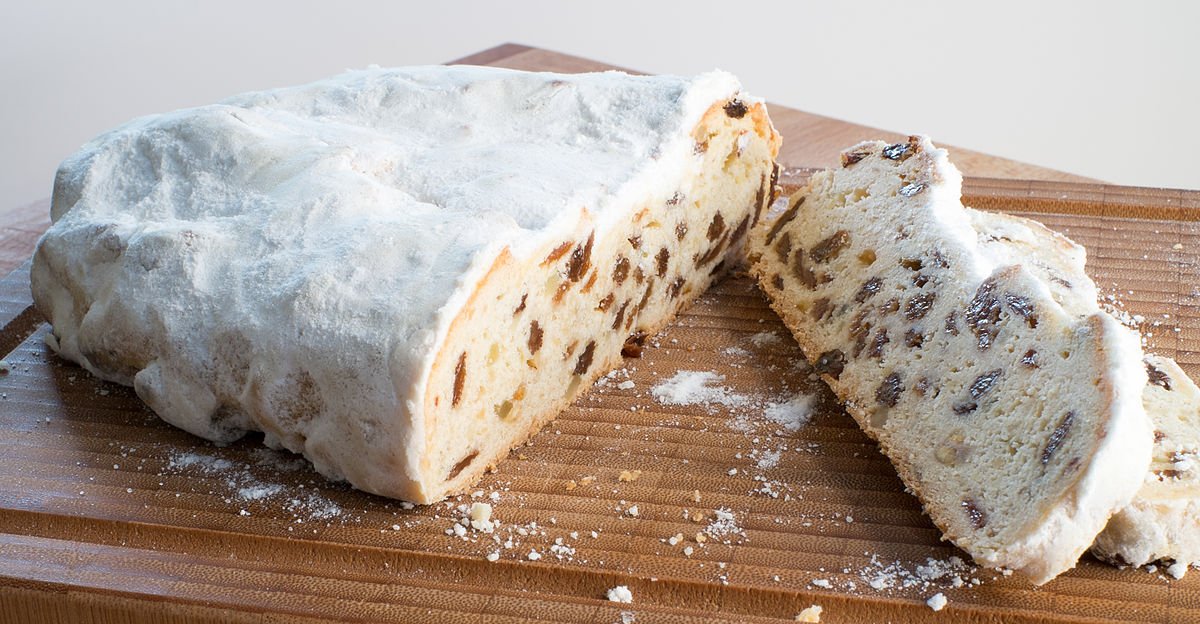 1730. Today it is a very rich cake with strict regulations as to the ratio of ingredients. There are of course also varieties of Stollen, what they have in common is a buttery, eggy, rich yeast dough. The Christstollen is the most common variety, containing raisins, currants,