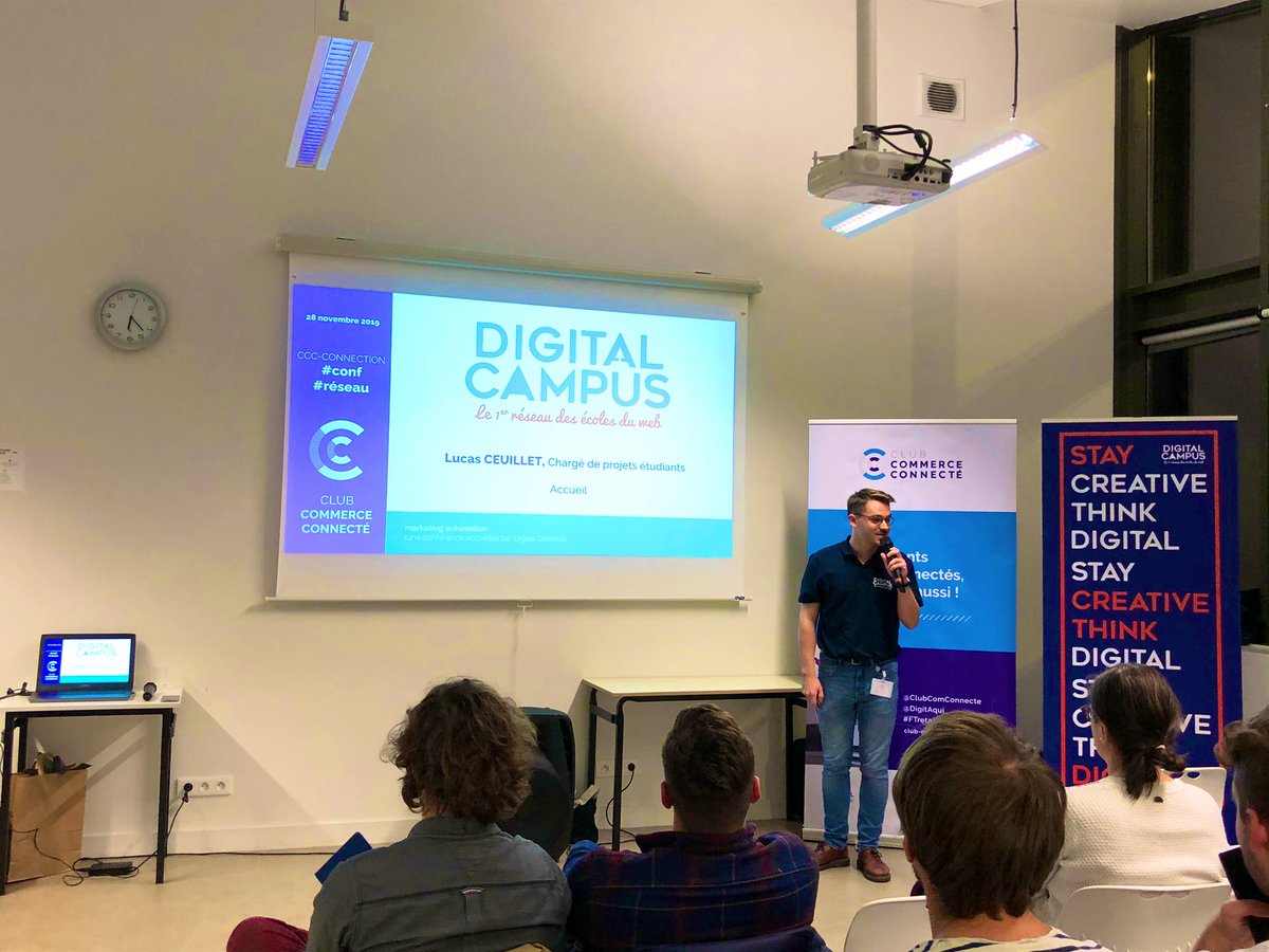 ClubComConnecte's tweet photo. Lucas, coordinateur des projets étudiants, nous accueille au sein de @DigitCamp pour une conférence sur le marketing automation #CCCevent 🚀 https://t.co/ZxE8UG2QJ0