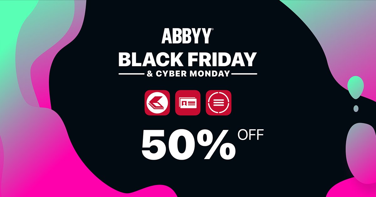 ABBYY_Software's tweet image. Don&apos;t miss our #BlackFriday deals on ABBYY mobile apps. 50% OFF on #BusinessCardReader, #FineScanner and #TextGrabber: bit.ly/33xfNeh