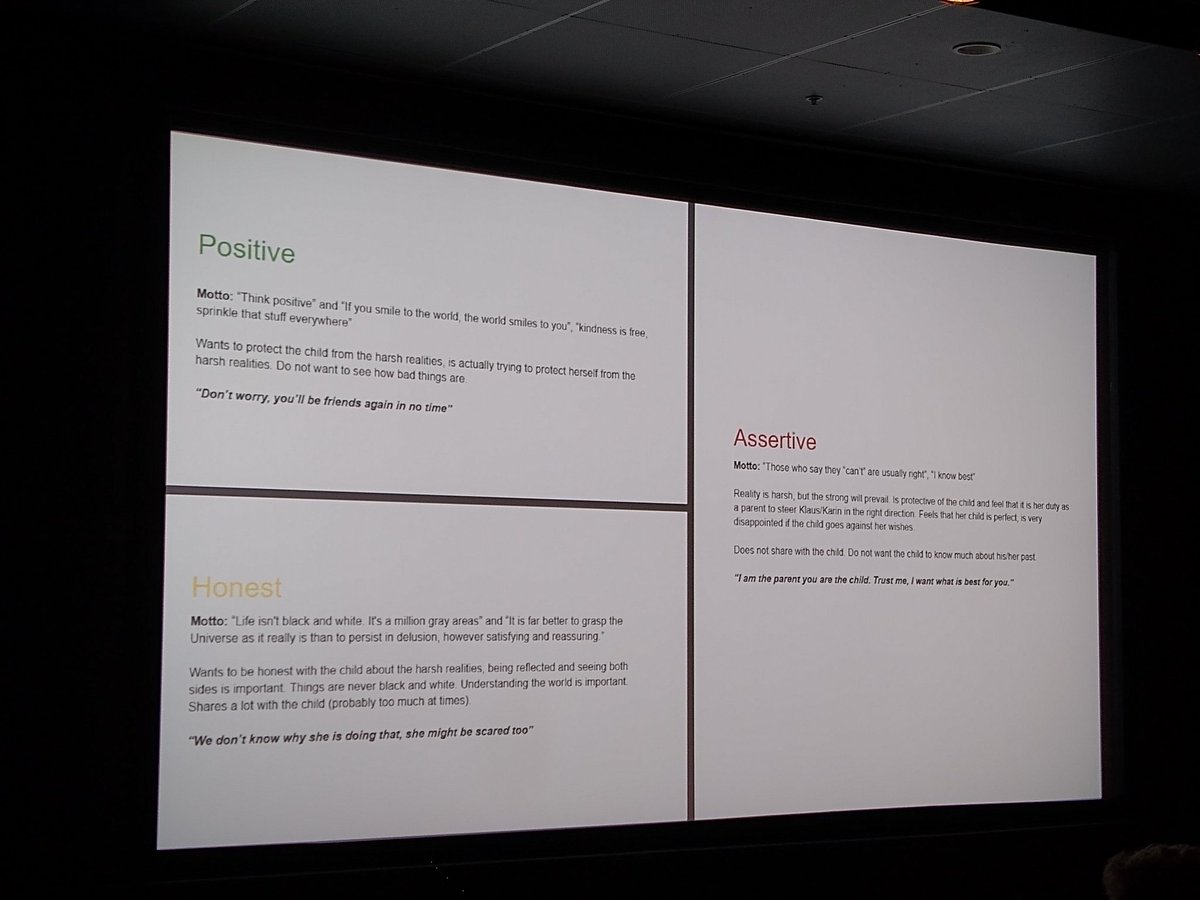 Duffadash's tweet photo. At #PlayDK19 seminar @MyChildGame showed off personas behind the dialogue choices of the game. Honesty increased both trust and anxiety in the child. Assertiveness meant a child less likely to look for support. Positivity decreased long term trust for temporary happiness. https://t.co/cQRlAdV0LA