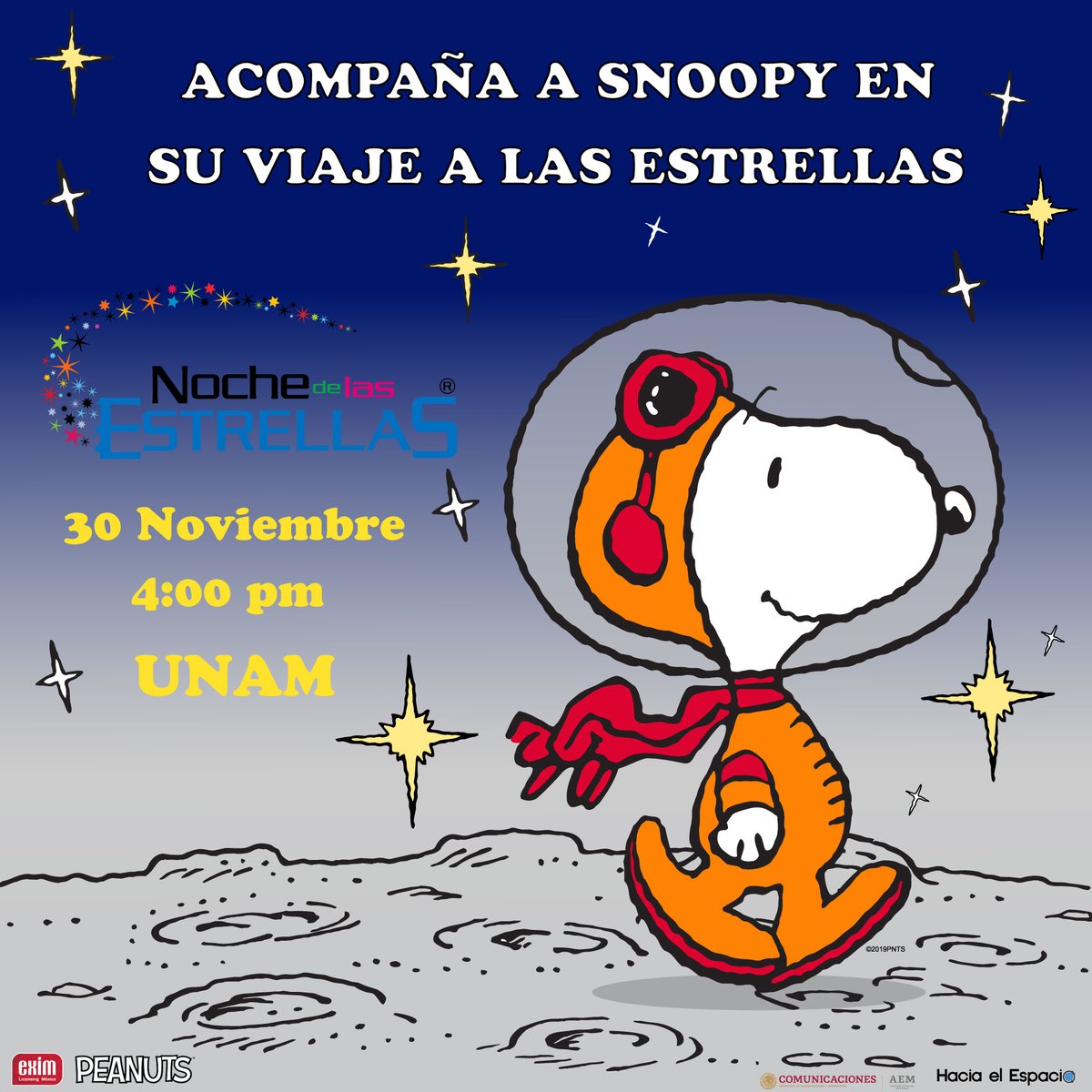 eximmx's tweet photo. Este Sábado 30 de Noviembre se celebra la Noche de las Estrellas, evento organizado por la UNAM.  ¡Visita el Stand de la Agencia Espacial Mexicana donde podrás encontrar a Snoopy y tomarte una foto con el de 4:00pm a 7:00pm! 🤩 #Snoopy #Space #NASA #DeepSpace #Moon #Luna #Mars https://t.co/Q7C6sNf9aA