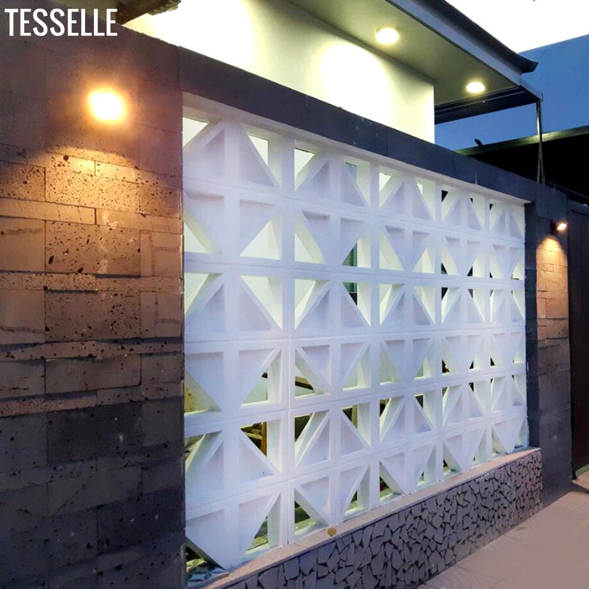 TesselleDesign's tweet image. bit.ly/33tWqTJ Incline White Cement Breeze Blocks, which are 11.4" square x 3.5" deep are now in stock.  We love all of the different patterns that can be created, and the shadows that this pattern casts!