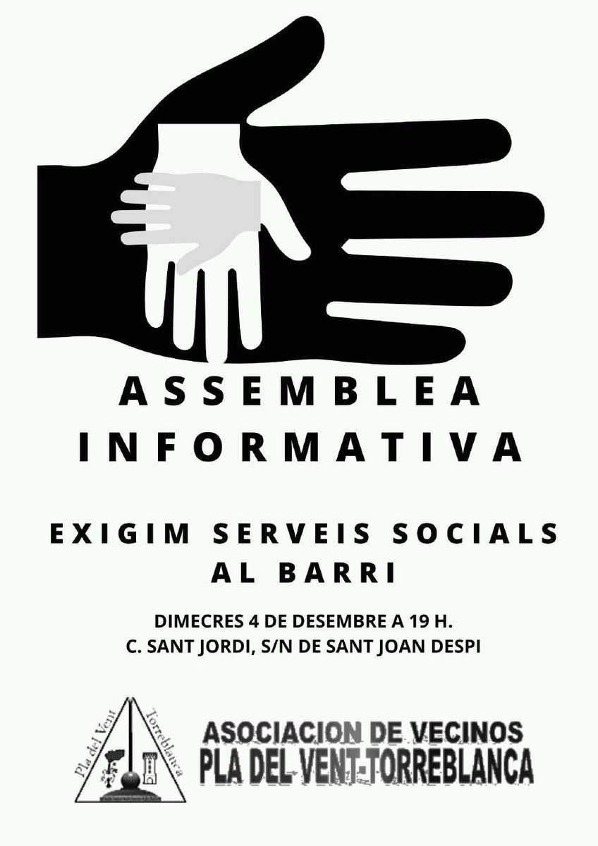 Les veïnes del Pla del Vent -Torreblanca reclamen la visita periòdica  dels serveis de treball social al barri per salvar les dificultats de desplaçament i transport que pateixen..

Assemblea per informar el 4/12 a 19h
#lluitaveïnal #SantJoanDespi