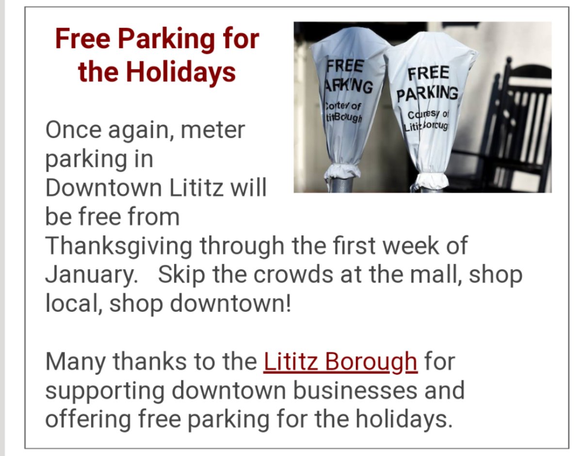 LititzPolice's tweet photo. #FreeParking is back for the holidays! All downtown meters are free from November 27th through January 2nd. #ShopLocal #VisitLititz #CoolestSmallTown #haveamerrylititzchristmas https://t.co/wG4a0FKkSl