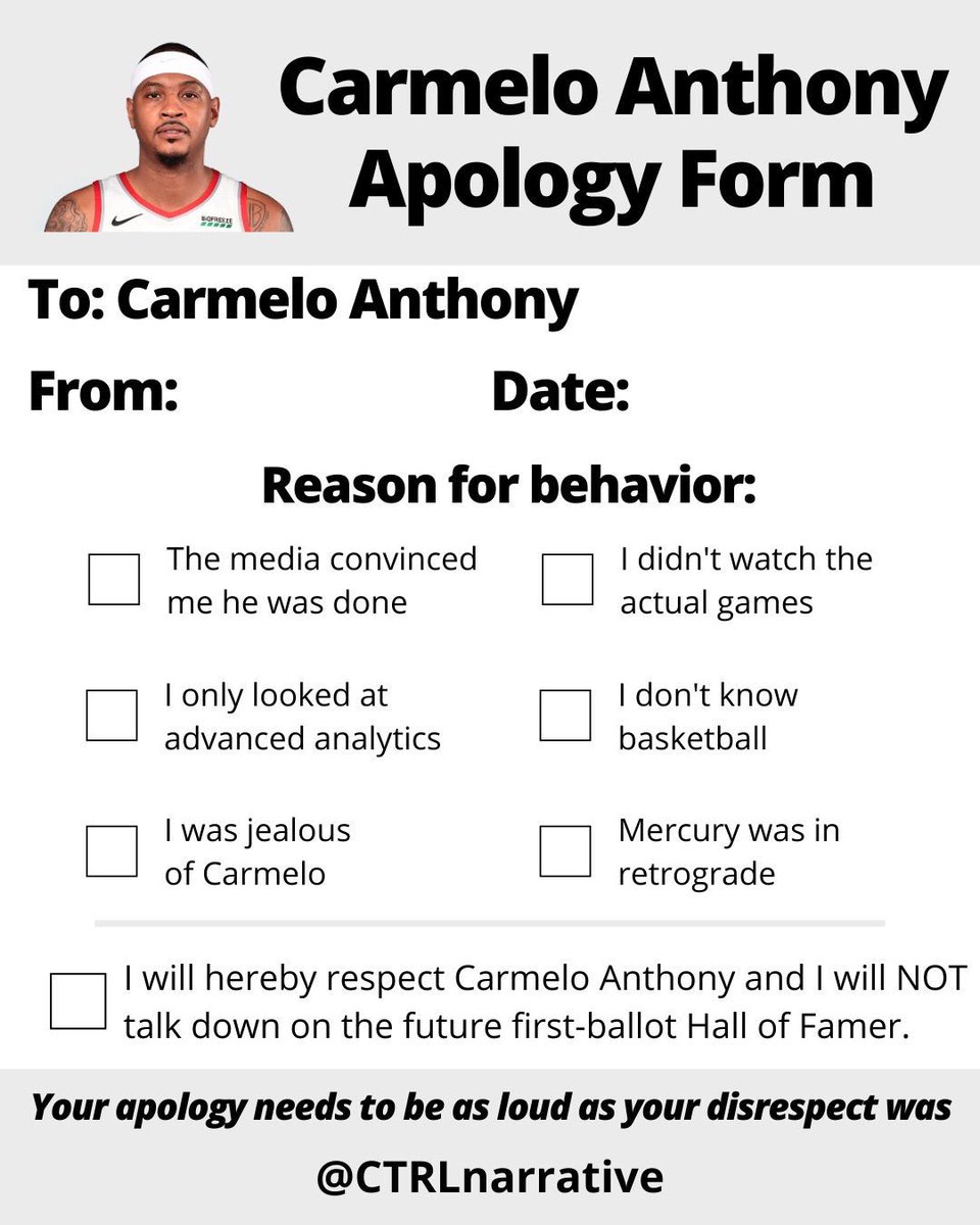 TheDunkCentral's tweet image. Carmelo apology form 😂😂😂

(📸 @ctrlnarrative )