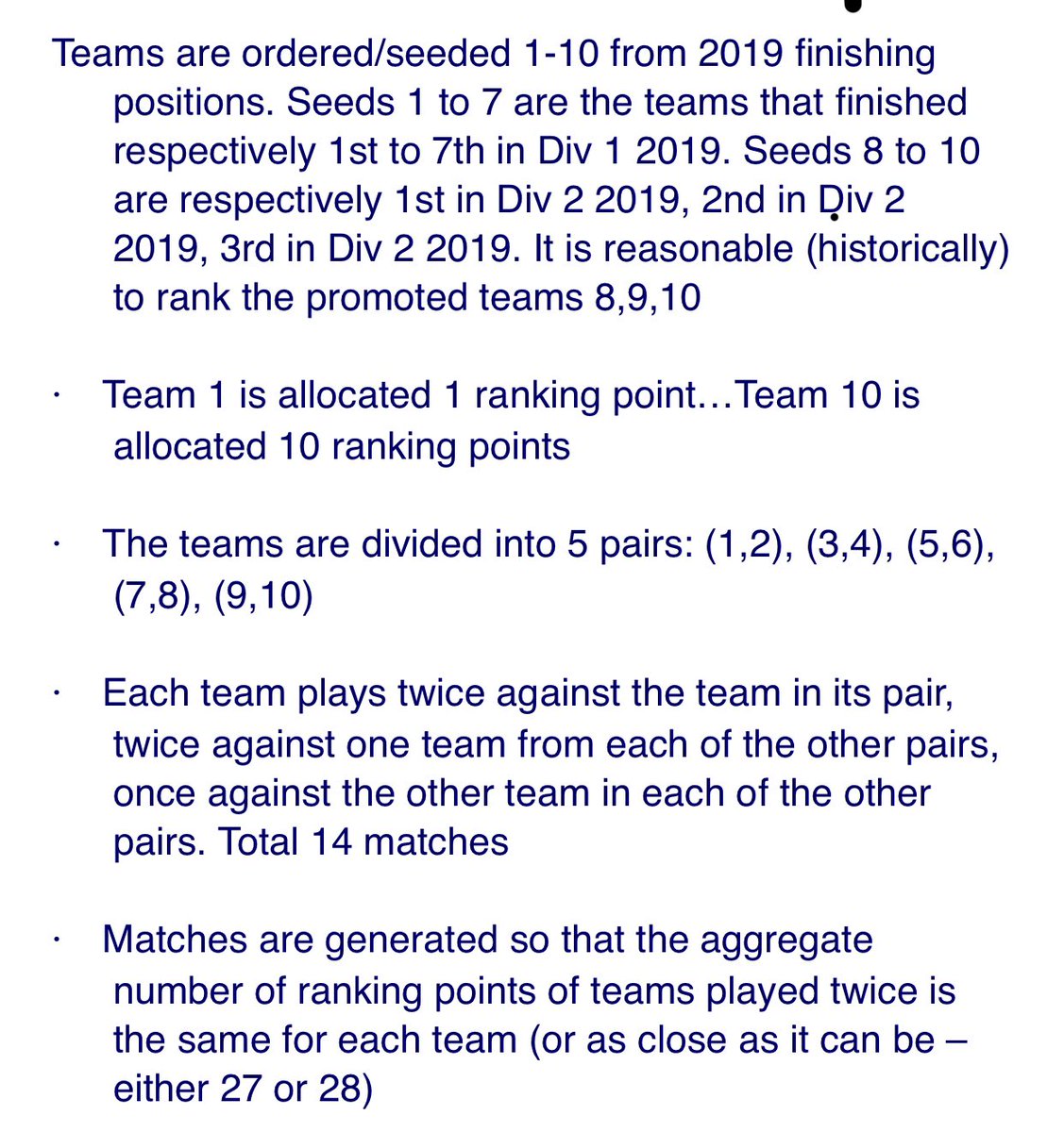 Matches are generated so that the aggregate number of ranking points of teams played twice is the same for each team (or as close as it can be – either 27 or 28)