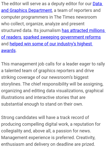 This is the latest in a series of steps we're talking to minimize production work and refocus the team on reporting and visual storytelling.I can't do it alone.That's why I'm hiring a deputy to rally our staff and drive visual coverage. Sound fun? DM me