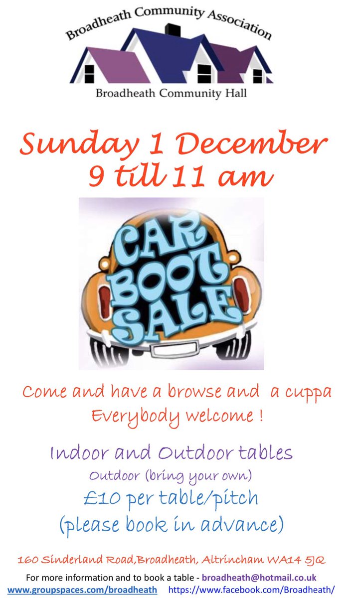 This Sunday <a href="/BCAAlty/">BCA Alty</a>  #Broadheath Community Hall #Carboot &amp; table top sale. Come along &amp; grab a bargain! <a href="/Broadheath_Alty/">Broadheath Partners</a> <a href="/BPSBestPractise/">Broadheath Primary</a>