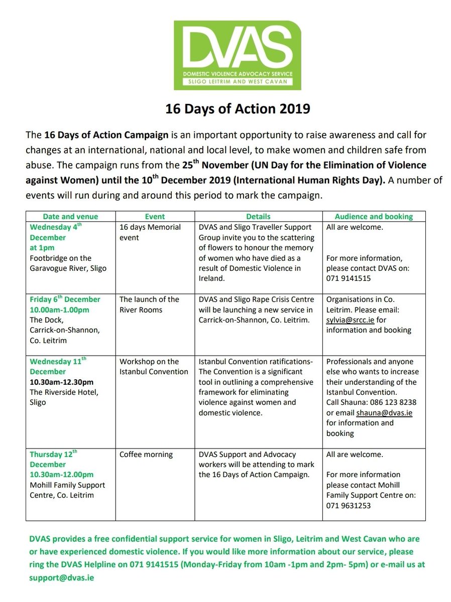 We have a full schedule over the next couple of weeks!
Check out the events we hosting for #16DaysofAction 
#DVAS #Sligo #Leitrim #WestCavan #helphertotell #helpushelpher #warriorwomen