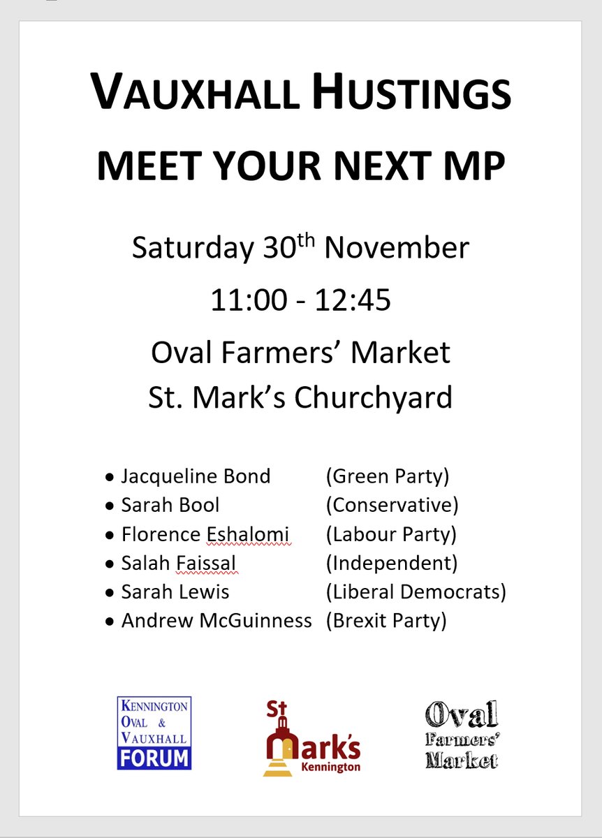 Saturday 30th Nov 11am: 

Looking forward to meeting all the Vauxhall candidates at the traditional open air hustings <a href="/ovalfm/">Oval Farmers' Market</a> <a href="/stmarksken/">St Mark's Kennington</a>
chaired by <a href="/SteveCoulson2/">Steve Coulson</a>

Bring your questions along to the desk and don't forget to dress warmly. 🤓🥶