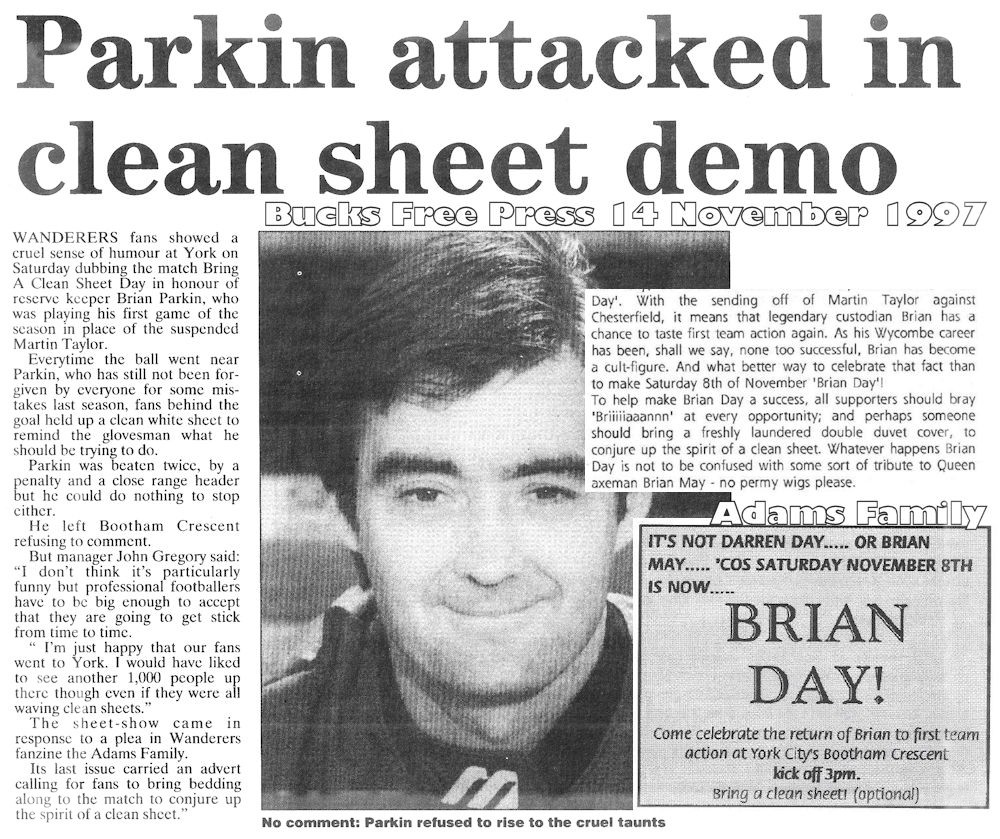 GasmanCOTN's tweet photo. #TBT
Talking of clean sheets

⏮️Back to November 1997

Those very naughty boys at The Adams Family fanzine belittling goalkeeper Brian Parkin, a player that Chairboys on the Net had spent £200 to sponsor the shirt 😉

#chairboys #wycombe #wanderers https://t.co/ug7b2Dct8i