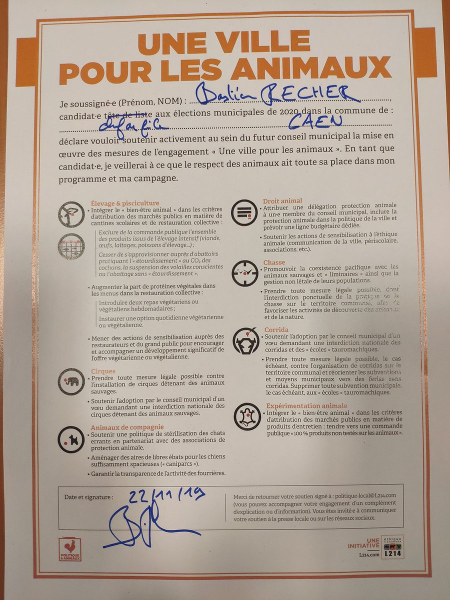 bastienrecher's tweet photo. Candidat aux #Municipales2020 à #Caen j'ai signé les engagements de @L214 "Une ville pour les animaux". Nous les défendrons donc avec les propositions de @GenerationsCaen publiées la semaine dernière.
@Pol_Animaux
#Animaux2020 https://t.co/VPAjY7A6Hf