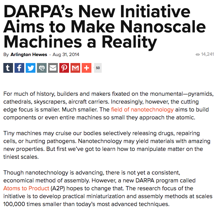 52) This Singularity Hub article from 2014 describes DARPA’s role in nanotechnology, which is a huge component of the elites’ transhumanist endgame.“DARPA’s New Initiative Aims to Make Nanoscale Machines a Reality” https://singularityhub.com/2014/08/31/darpas-new-initiative-aims-to-make-nanoscale-machines-a-reality/