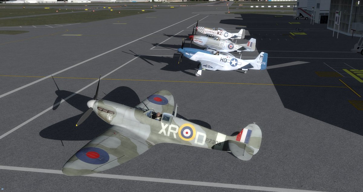 Dreamsofwings1's tweet photo. 4 warbirds parked up at Aberdeen Dyce after first leg of a tour that started at Elvington #Spitfire #P51Mustang #A2ASimulations #flightsim #flightsimulator #wwiiaircraft #pilot #aviation #flying #aviationphotography #scotflight #orbx #p3dv4 #avgeek https://t.co/wTqbcU9j4a