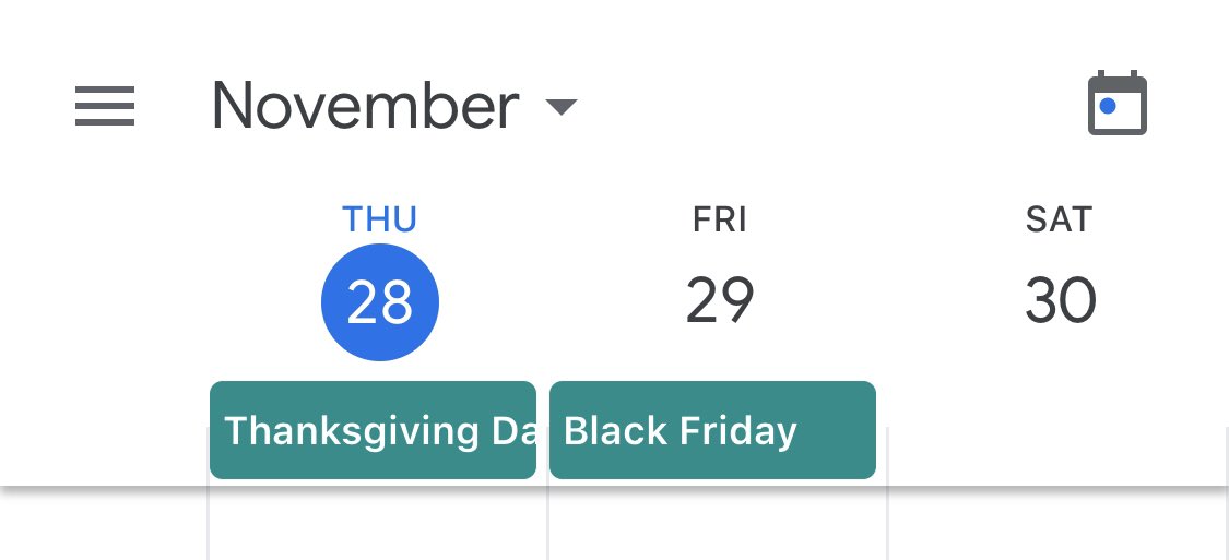 Black Friday listed on my Google Calendar's built-in "U.S. Holiday" Calendar.