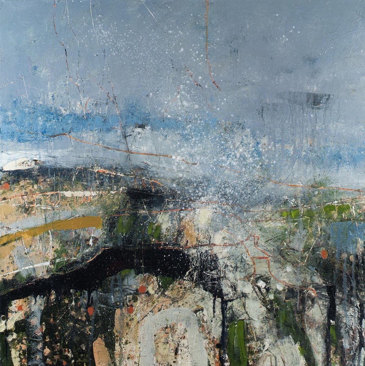 StoneStepArt's tweet photo. Unexpected Hailstorm, Black Tor Ridge. Oil &amp; Mixed media on canvas. 87x87cm by Lewis Noble https://t.co/z1aX7R0mEa