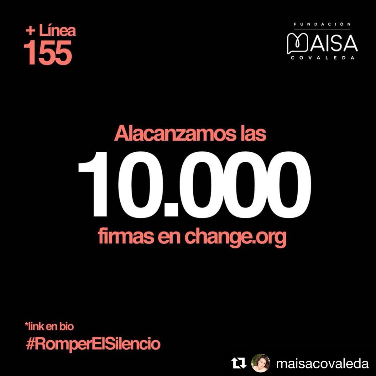 maisacovaleda's tweet photo. Gracias a las 10.000 personas que están promoviendo un cambio cultural por la dignidad y la protección de los Derechos de las mujeres.
Sigamos firmando y compartiendo nuestra petición. 
Link: https://t.co/QRH5n3HzmL #romperelsilencio #linea155
#16diasdeactivismo #fundacionmaisa https://t.co/dqsVl2R4KA