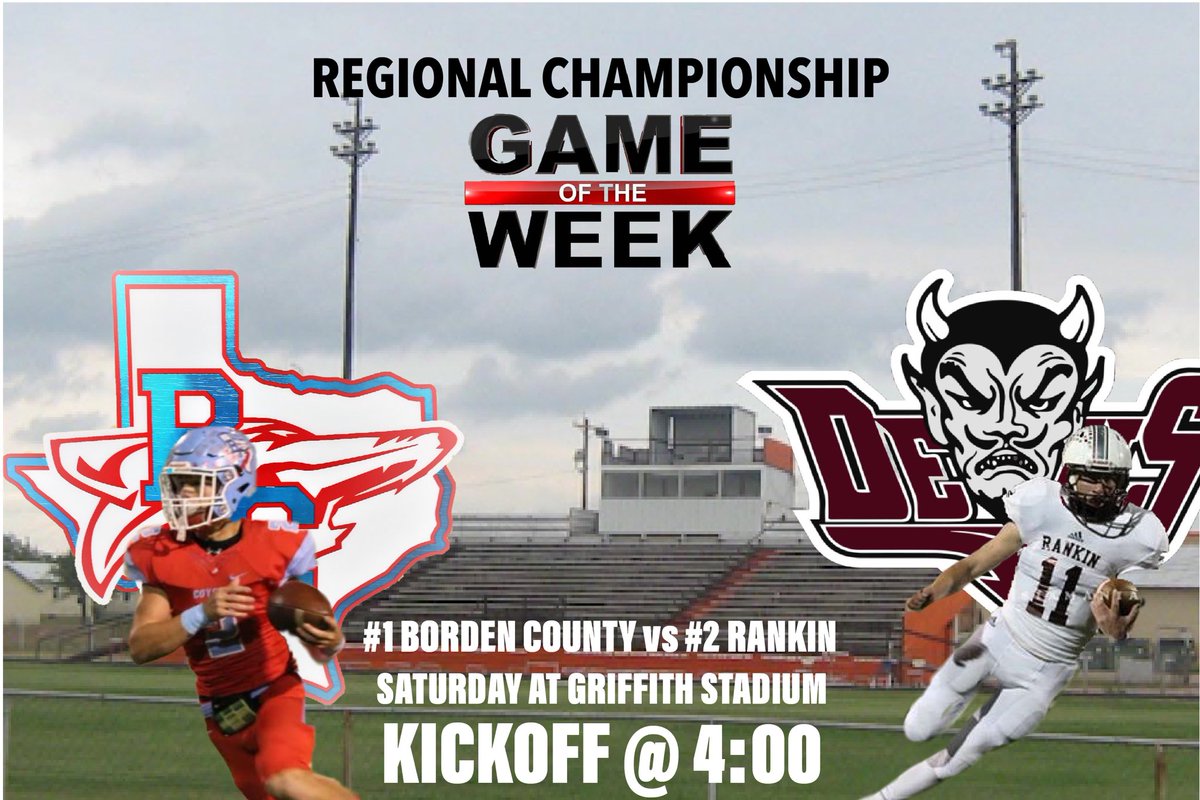 pmoney317's tweet photo. My 1A Game of the Week should be a great one, as #1 Borden County will take on #2 Rankin for the 1A D1 Region 2 Regional Championship! @BordenCounty @RankinAthletics @quigg_titan @FridayNghtGlory @txhsfb1a #txhsfb #txhsfbplayoffs https://t.co/MIYqjzTRqQ