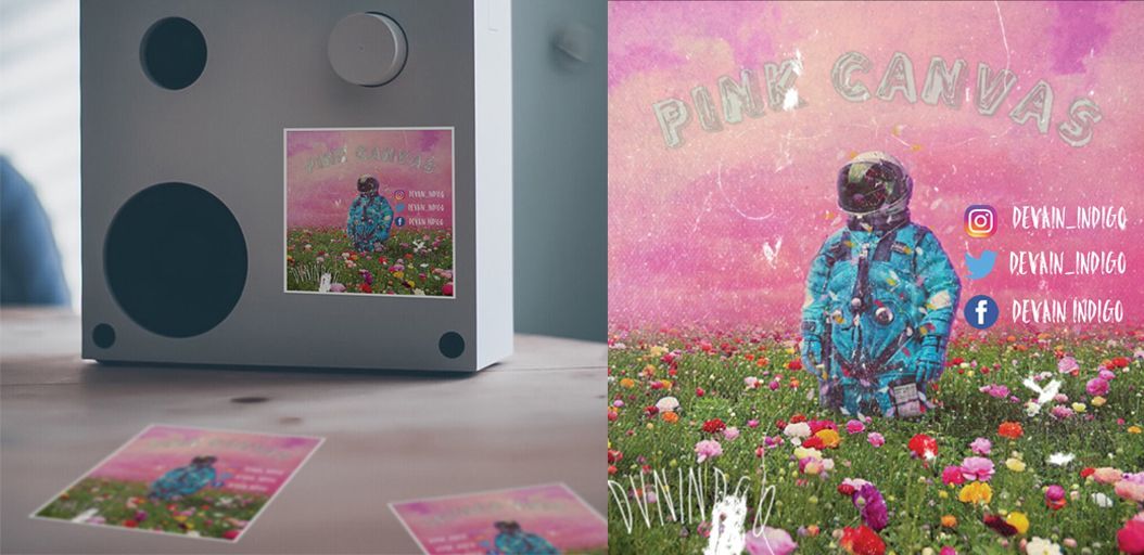 stickerfly's tweet image. These square stickers are on a mission 😎
⠀
They are here to tell you about a talented young musician @devain_indigo and his album Pink Canvas.

#musician #squarestickers #albumcover