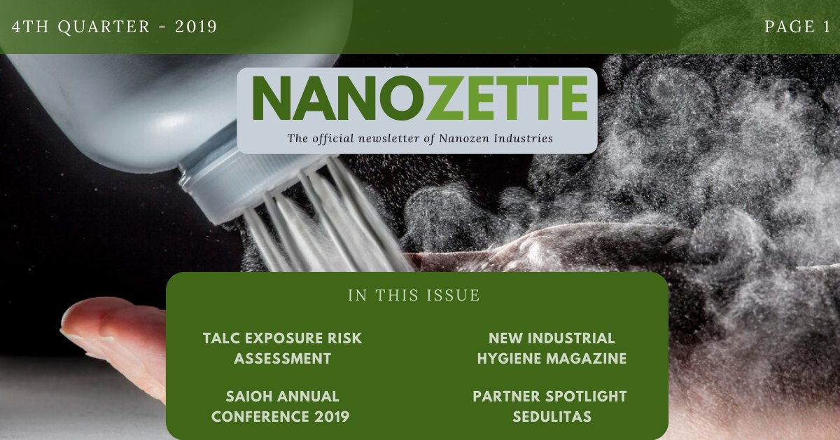DustCount's tweet photo. Check out Nanozen's quarterly newsletter. In this issue we examine a recently published article about talc exposure risk assessment, recap the recent SAIOH conference and shine a light on a new magazine dedicated to Industrial Hygiene. Click https://t.co/moAuUHL9Bo https://t.co/vXF5DY3fd4