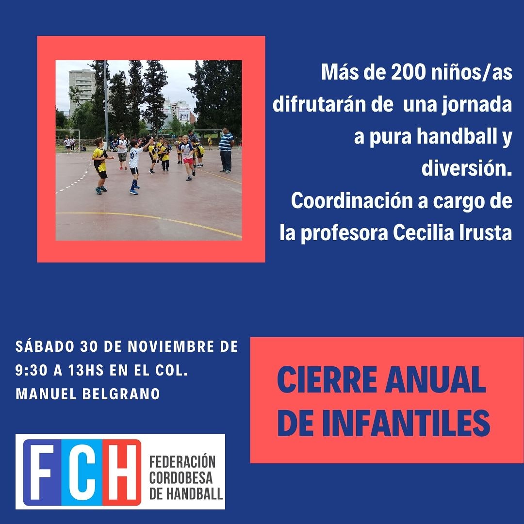 Se viene el cierre anual de los infantiles en el Col. Manuel Belgrano  este 30/11 9:30 a 13hs 
<a href="/fchtvok/">FCHtv</a> <a href="/RubenDiliddo/">Rubén Di Liddo</a> <a href="/DeportesCba/">Córdoba Deportes</a> <a href="/LeopoRivarola/">Leopoldo Rivarola</a> @ViaCordobaOK <a href="/PiasHandballOk/">Pias Handball</a> <a href="/parque_handball/">Parque Handball</a> <a href="/HandballUni/">Universitario HB</a> <a href="/GPJHandball/">GPJ Handball</a> <a href="/jcchandball/">JCC Handball</a> <a href="/RCHandball/">RCH</a> <a href="/mcandoli/">Matías Candoli ⭐⭐⭐</a> <a href="/ShowsportCanal/">Canal Showsport</a>