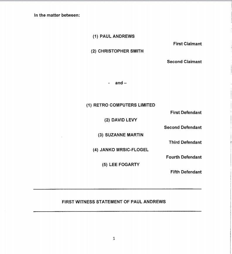 RealFogartyLee1's tweet photo. 1st page of Paul Andrews witness statement. Notice companies and individuals. I'm listed as individual. Any decent law firm wanting to send docs would check electoral register for the address. Or companies house. But that would go against the ethos of harassing women. #freehorace https://t.co/geJIceFHXQ