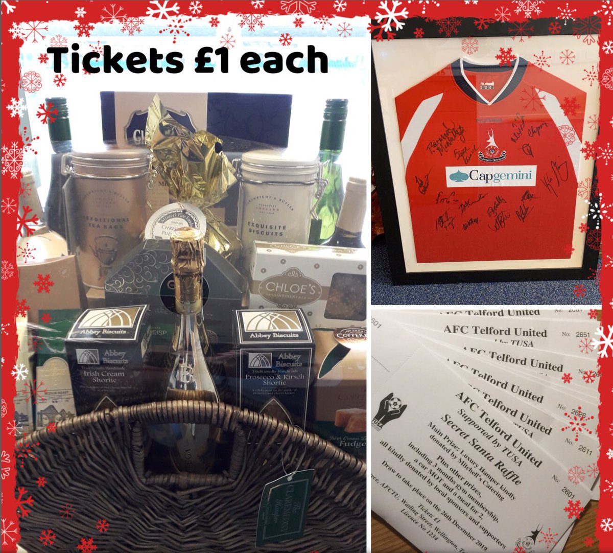TUSA2017's tweet photo. AFC Telford United raffle tickets are available until Monday 23rd December from :-
@telfordutd office
@AFCTU_Youth_Dev 
@railway_inn 
@AFCTUClubshop 
@beatonstearooms 

Draw to take place on 26th December and all proceeds to be split between TUSA and the youth teams. https://t.co/VWFqAyiUD0