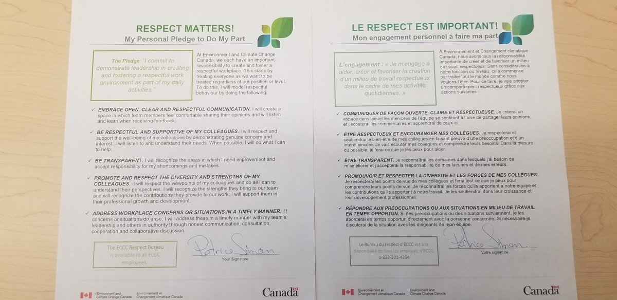 PatriceECCC's tweet photo. Well done to our @environmentca co-champions @NancyHamzawi and @2waheedkhan for this #GCRespect day event. Great to see old colleagues from @FishOceansCAN. And I have made and post my pledge to do my part. @ECCCWildlifeSci @ECCCSciTech https://t.co/8OjpBjh5qn
