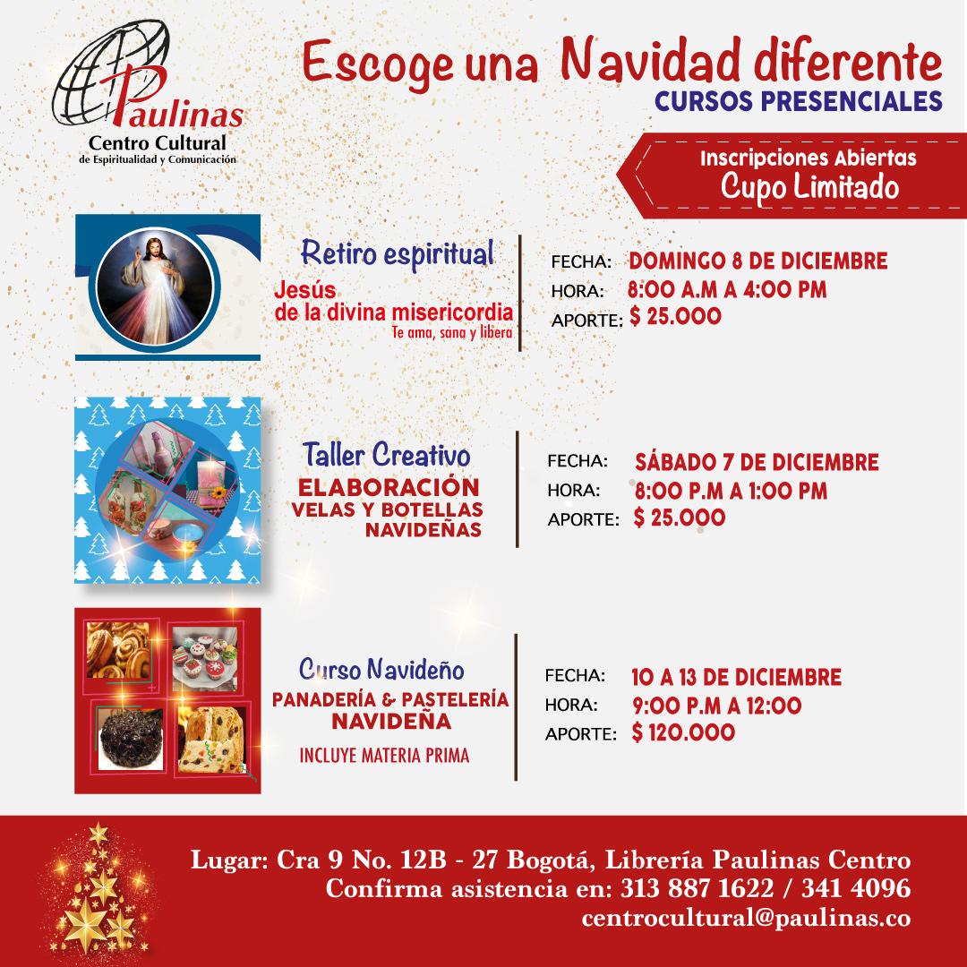 En Diciembre vive nuevas experiencias! Tenemos varios cursos para ti, escoge el que mas te guste!!! Regístrate ya 🎅 paulinasedhumani.com/inicio/inscrip…🎄Los Cursos tienen cupos limitados, escríbenos a: edhumani@paulinas.co o llamanos /Whatsapp al 3138871622. Te esperamos!!!