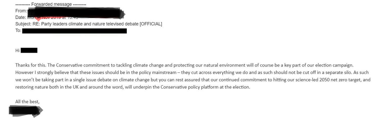 wakmax's tweet photo. This was a campaign for a *leaders* debate from the get go. Before it went public I emailed every party asking leaders to commit. This is the official 'no' I quickly received from No10. I went back again and again as public support grew- still no. PM decided that right from start https://t.co/QuflEMhNfs