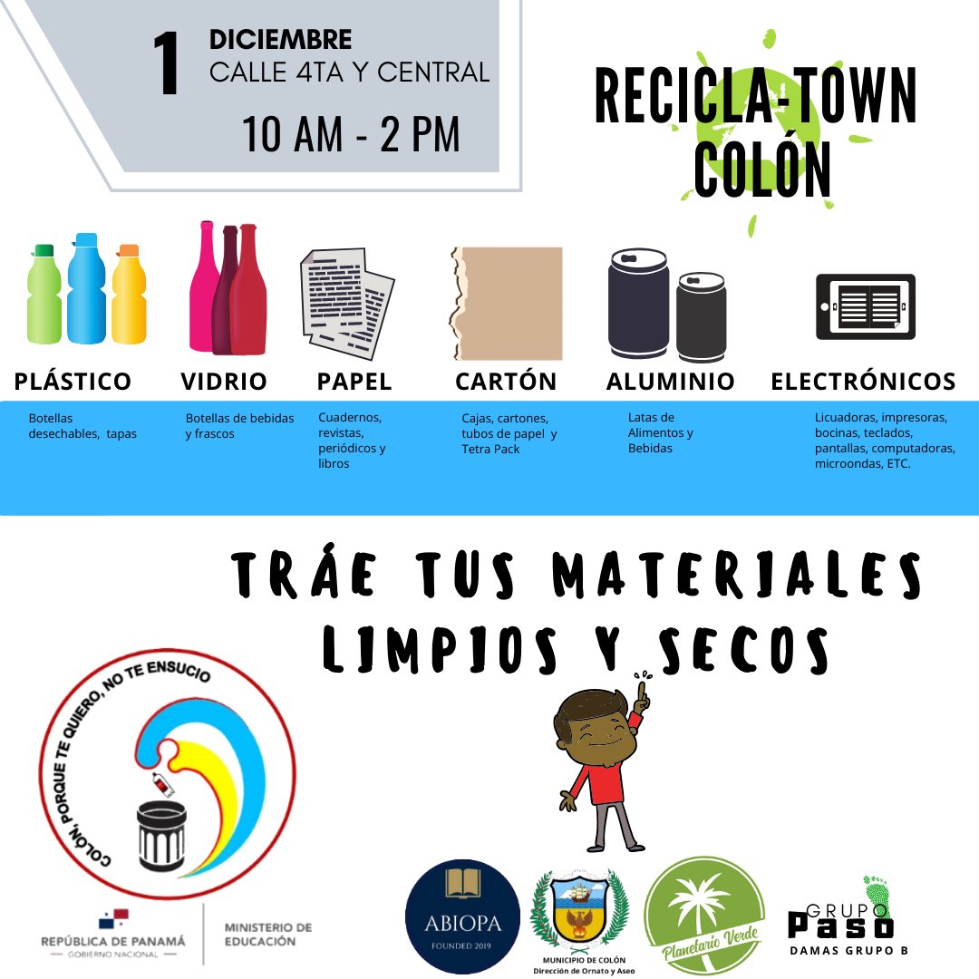 planetarioverde's tweet photo. Este domingo ¡A RECICLAR! En el RECICLA-TOWN ♻️ Colón calle 4ta y ave. Central de 10AM-2PM estaremos aceptando:
- Botellas Plásticas
- Vidrio
- Papel
- Cartón 
- Aluminio
- Electrodomésticos 
👉Trae tus materiales limpios y secos
Momento de acción el 🌎 nos necesita! https://t.co/mlJI1JHqLz