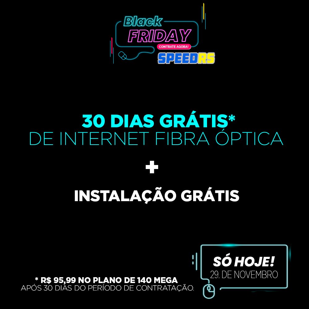 speedrsprovedor's tweet photo. 🚀  𝐁𝐋𝐀𝐂𝐊 𝐅𝐑𝐈𝐃𝐀𝐘 | 𝐒𝐎𝐌𝐄𝐍𝐓𝐄 𝐇𝐎𝐉𝐄🚀

30 dias grátis + Instalação Gratuita em TODOS OS PLANOS contratados hoje (29.11). 

Após 30 dias você paga apenas o valor do plano contratado! Legal, né?  😍
__
Entre em contato conosco
📲 (55) 9. 9908.6150 | (55) 3744.6349 https://t.co/5Vj3ipuyBr