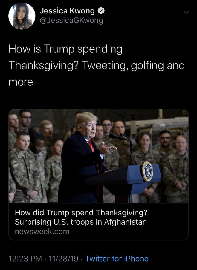 Fake News: left wing media Newsweek claims Trump golfs, tweets for Thanksgiving (visited troops in Afghanistan)