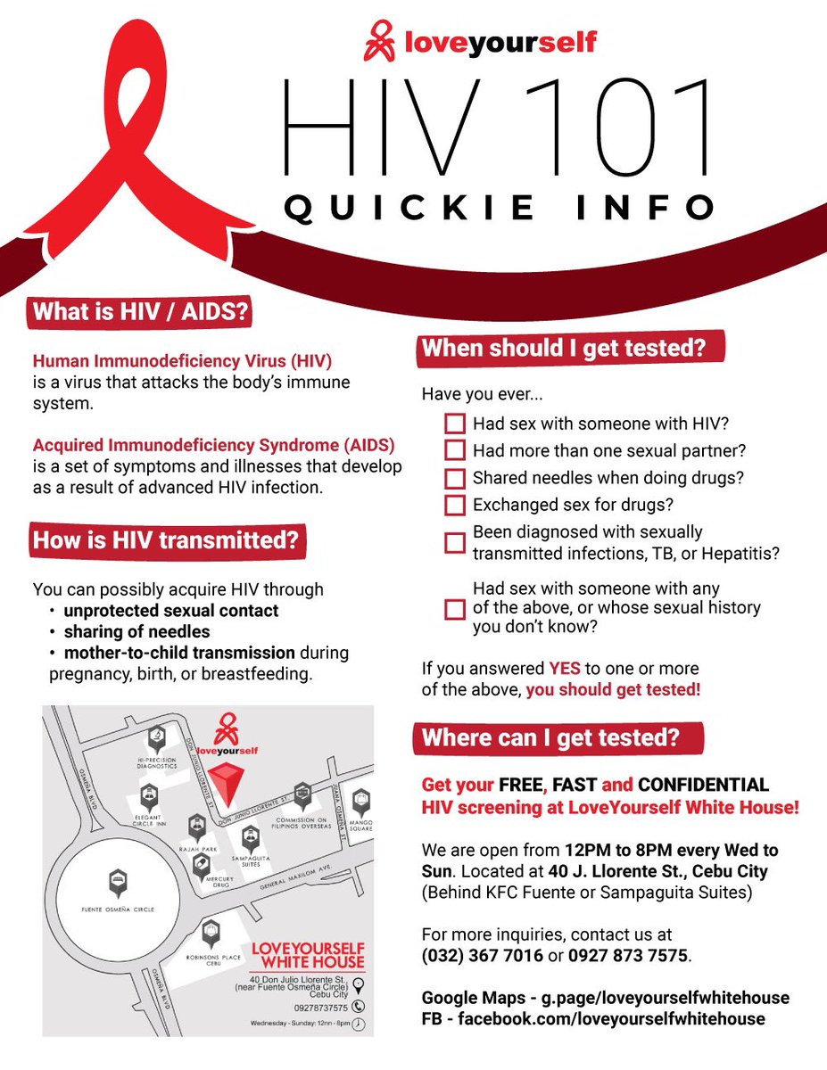 Should you get tested today?

Check this HIV/AIDS primer by @LoveYourselfCEB for your handy guide!

Learn to #LoveYourselfBai! 

#loveyourselfph #loveyourselfcebu #hiv101 #hivaids #altercebu #alterph
