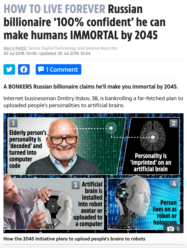 32) Itskov is another peculiar character. He compares himself to Marvel superhero Iron Man.“I’m motivated by the fear of death,” he says. https://www.thesun.co.uk/tech/9613934/billionaire-dmitry-itskov-20145-initiative/