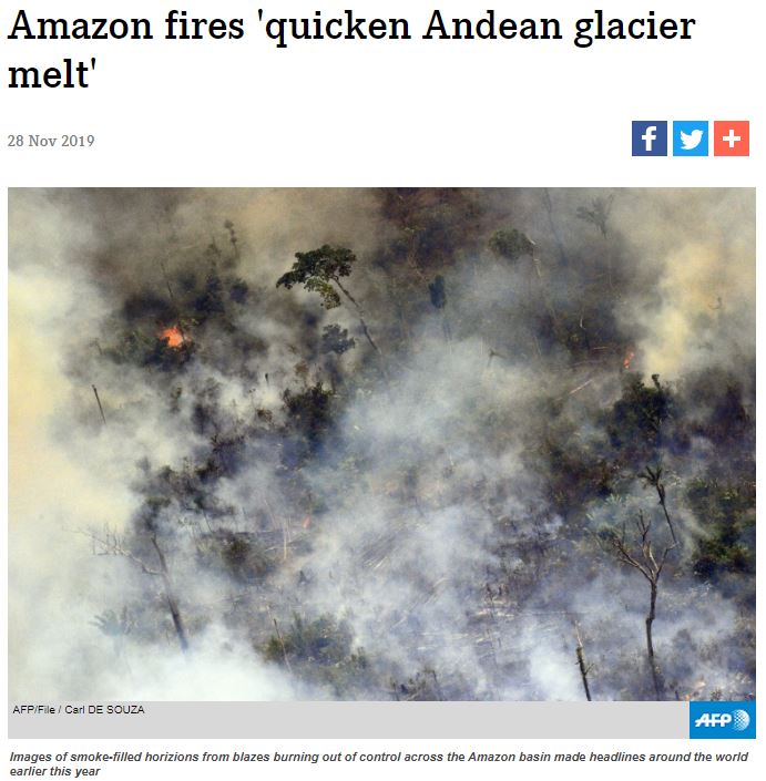 This is what the  #ClimateCrisis looks like in  #SouthAmerica right now."Fires in the  #Amazon rainforest are likely to increase the rate of melting of Andean glaciers, potentially disrupting water supply for tens of millions of people ..." https://www.afp.com/en/news/15/amazon-fires-quicken-andean-glacier-melt-doc-1mn5g61