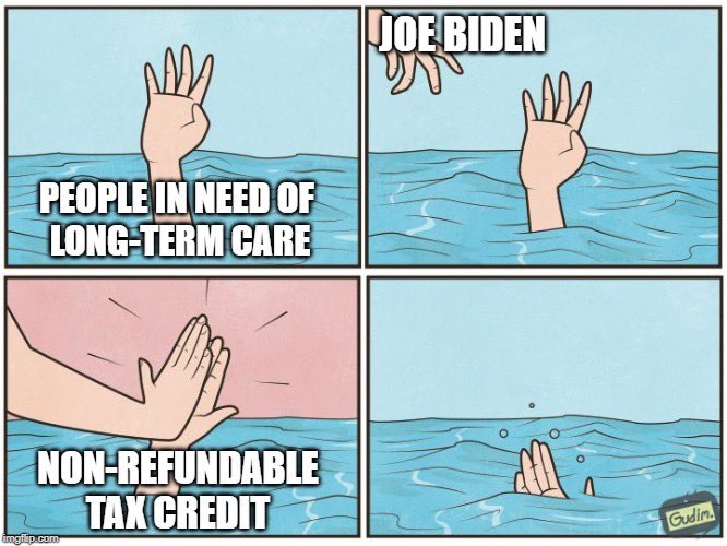 Sanders and Warren have endorsed Long Term Care as part of M4A (thanks to pressure from activists like  @AdyBarkan). Joe Biden meanwhile has pushed a non-refundable tax credit that would exclude the most vulnerable by design, and impose a bureaucratic burden on those who qualify.